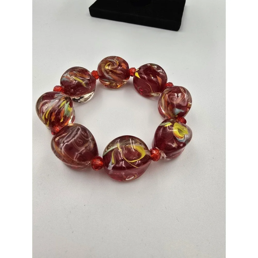Chunky Red Swirl Art Glass Lamp work Foil Bead Stretch Bracelet‎ Fashion Jewelry